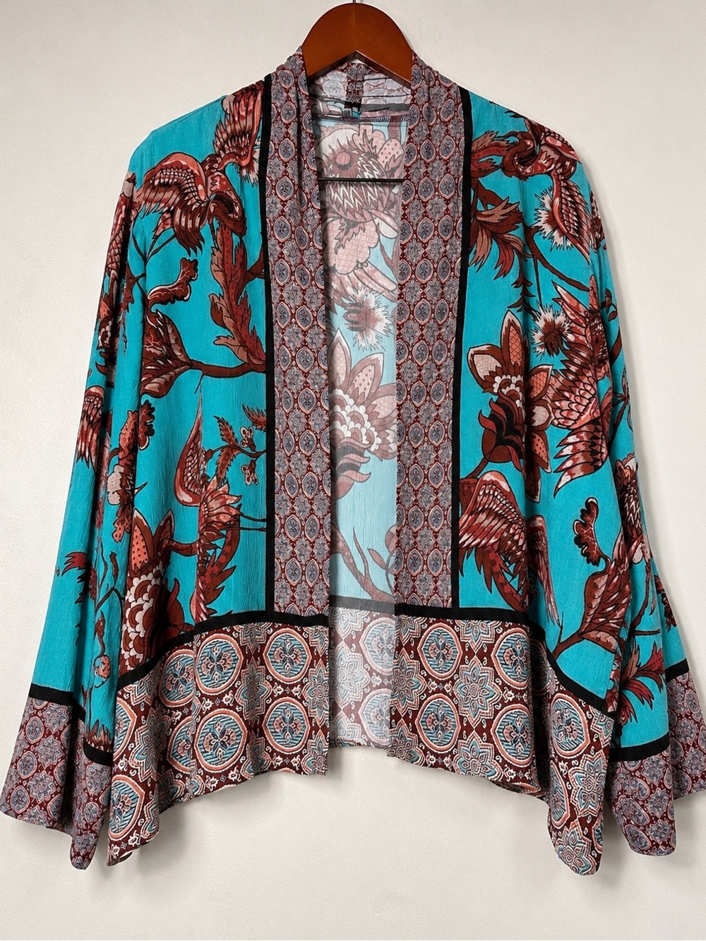 BL^NK London Kimono Jacket Boho Bird Print Open Front Turquoise NWOT - Picture 2 of 8